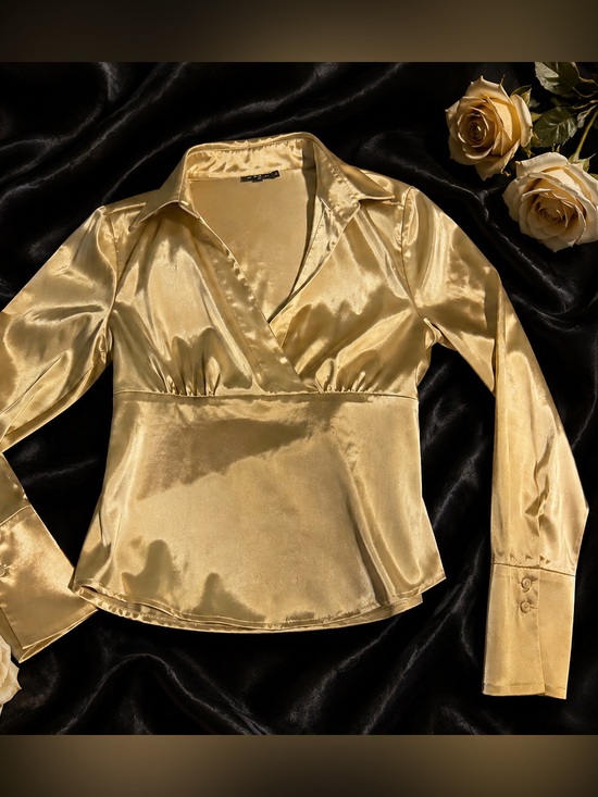 I.N. San Francisco Tops - I.N. San Francisco Gold Satin Wrap Blouse